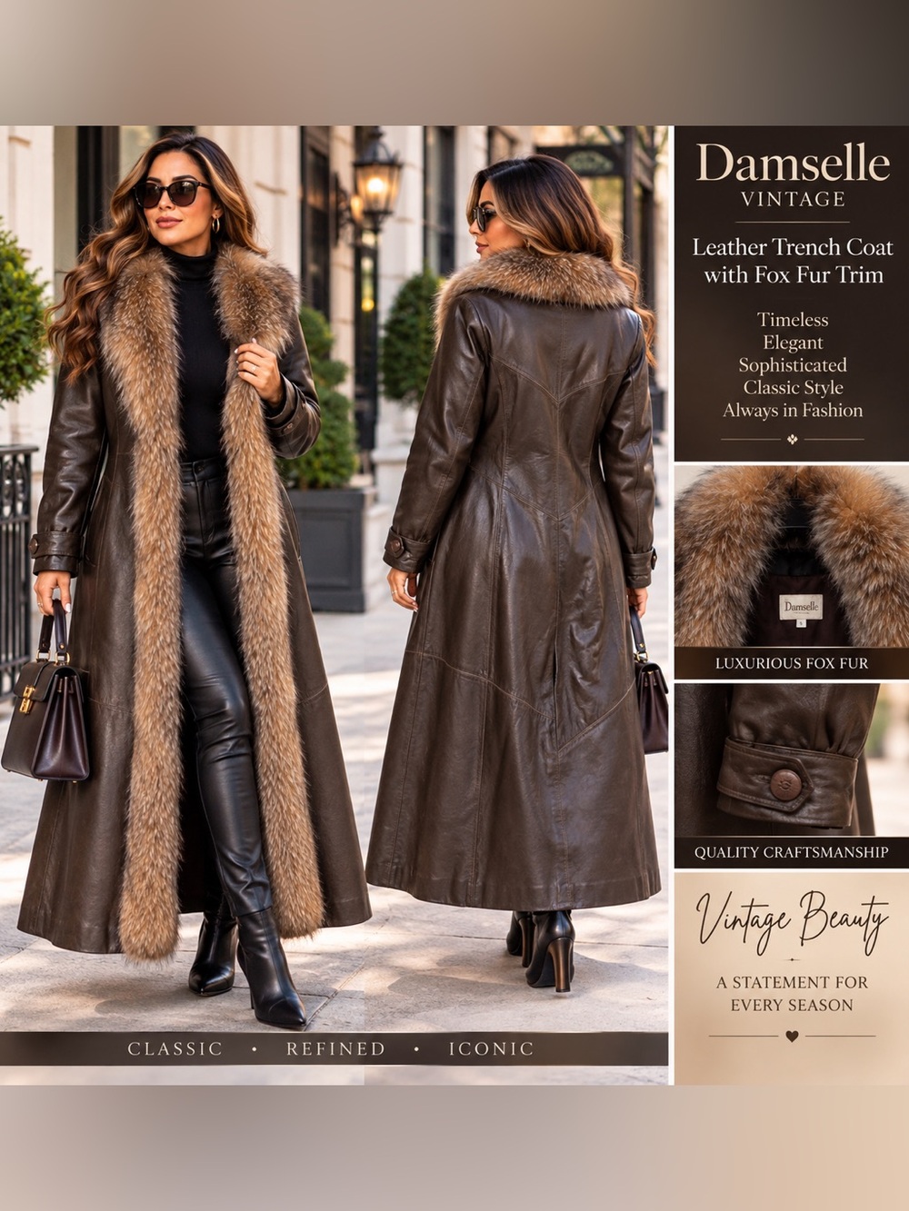 Damselle Vintage Brown Leather Fox
Fur Trim Long Trench Coat Size S
